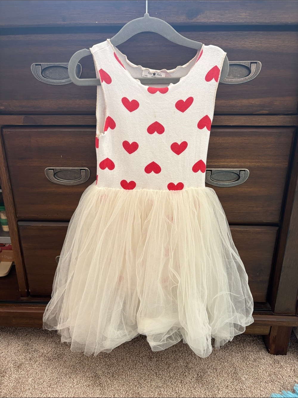 Girls Heart Print Tulle Dress - Red Hearts on Cream